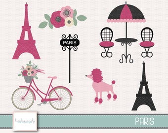 Paris-Eiffel Tower-Poodle-Bicycle with Flowers-Clipart Set, Commercial Use, Instant Download, Digital Clipart, Digital Images- CP252