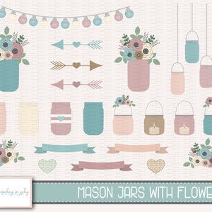 Mason Jars with Flowers- Save the Date- Wedding- Clipart Set, Uso commerciale, Download istantaneo, Clipart digitale, Immagini digitali- CP223