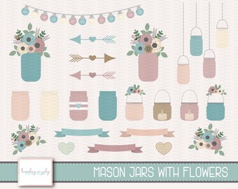 Mason Jars with Flowers- Save the Date- Wedding- Clipart Set, Commercial Use, Instant Download, Digital Clipart, Digital Images- CP223