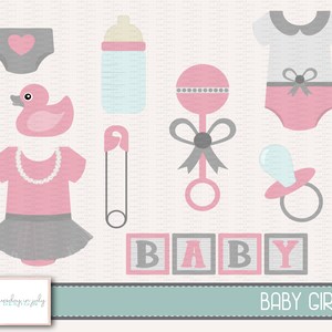 Baby Girl-Baby Shower Girl-Light Pink & Grey-Clipart Set, Uso commerciale, Download istantaneo, Clipart digitale, Immagini digitali- CP245
