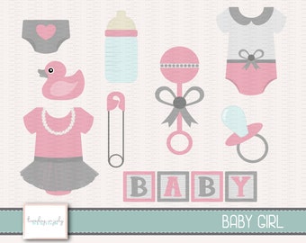 May include: A set of baby girl themed illustrations featuring a pink and gray color scheme. The illustrations include a baby bottle, a rattle, a pacifier, a diaper, a duck, a safety pin, a baby onesie, and a set of blocks that spell out "BABY". The text "BABY GIRL" is also included in the image.