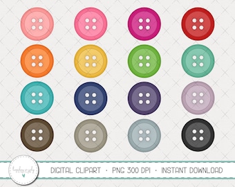 May include: Set of 16 digital clipart images of four-hole buttons in various colors, including pink, red, orange, yellow, green, blue, purple, brown, gray, and black.