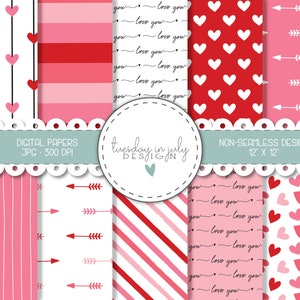 Pakiet papieru na Walentynki „Kocham Cię”, Cyfrowe papiery miłosne, Papiery do scrapbookingu walentynkowego, Wzory serc, Tła, Zastosowanie komercyjne
