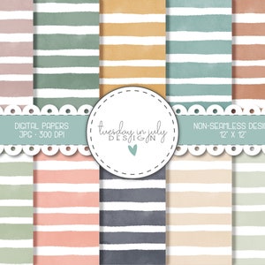 Pacote de papel digital com listras em aquarela, papel com listras em aquarela, papel digital Boho, papel para scrapbook, pacote de papel digital