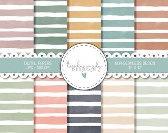 May include: Set of 8 digital papers featuring watercolor stripes in various colors, including pink, green, blue, gray, and brown. The papers are 12 inches by 12 inches and 300 DPI.