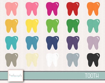 May include: A collection of colorful tooth illustrations in various shades, including pink, green, and blue. The word "TOOTH" is displayed in a teal banner at the bottom. The background has a subtle pattern.