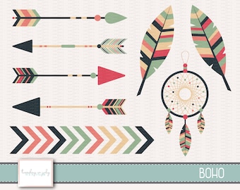 May include: A set of digital clipart featuring boho style elements, including arrows, feathers, and a dreamcatcher. The colors are red, green, black, white, and beige. The text "BOHO" is at the bottom of the image.