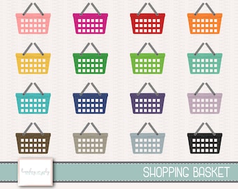 May include: Set of 16 colorful shopping basket clip art illustrations. The baskets are in various colors including pink, red, orange, yellow, green, blue, brown, gray, and black.