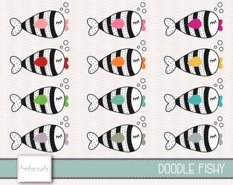 May include: Set of 10 black and white doodle fish illustrations with colorful accents. Each fish has a different color for the fin and mouth. The fish are all facing right and have a simple, cartoon-like style.