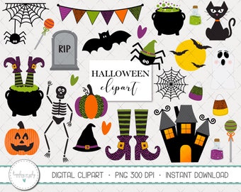 Halloween Clipart Set, Halloween Graphics, Pumpkin, Witch, Bats, Cauldron, Candy, Commercial Use, Digital Clipart, Digital Images- CP264