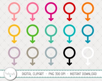May include: Set of 18 digital clipart images of a male symbol in various colors, including pink, red, orange, yellow, green, blue, purple, gray, black, and white.