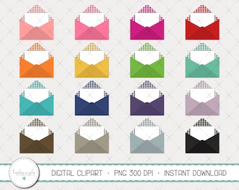 May include: Set of 16 digital clipart images of envelopes with a gingham pattern. The envelopes are in various colors, including pink, orange, green, blue, purple, brown, gray, and black.