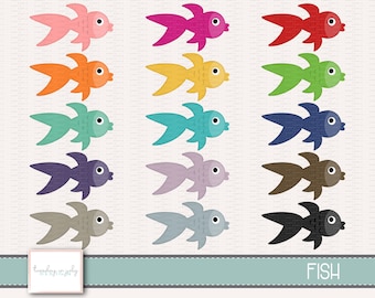 May include: A set of 12 colorful fish illustrations in a cartoon style. The fish are all facing right and have a simple design. The colors include pink, orange, teal, purple, gray, blue, red, yellow, green, brown, black, and light blue.