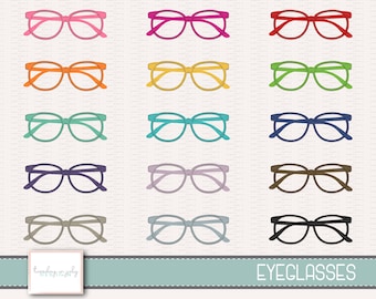 May include: Set of 15 colorful eyeglasses illustrations. The eyeglasses are all the same style, but in different colors, including pink, red, orange, yellow, green, blue, purple, brown, gray, and black.