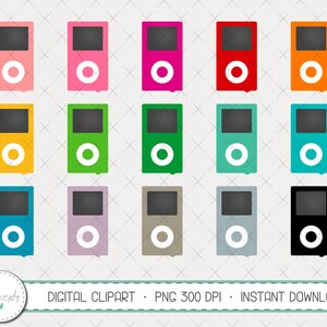 Puede incluir: Un conjunto de 18 imágenes de clipart digital de un reproductor MP3 simple en varios colores, incluidos rosa, rojo, naranja, amarillo, verde, azul, gris y negro. Las imágenes son en formato PNG y 300 DPI.