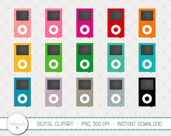 May include: A set of 18 digital clipart images of a simple MP3 player in various colors, including pink, red, orange, yellow, green, blue, gray, and black. The images are PNG format and 300 DPI.