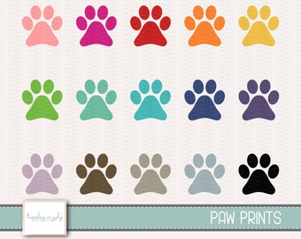 May include: A set of 18 paw print illustrations in various colors, including pink, red, orange, yellow, green, blue, purple, brown, gray, and black. The paw prints are arranged in three rows of six. The text "PAW PRINTS" is at the bottom of the image.