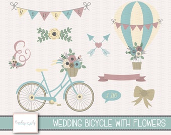 Wedding Bicycle Clipart Set – Hot Air Balloon & Flowers (Digital Download)