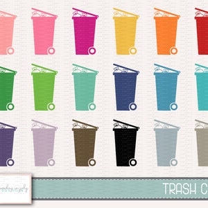 Pode incluir: Conjunto de 18 imagens digitais de clipart de latas de lixo em várias cores, incluindo rosa, verde, azul, roxo, cinza e marrom. Cada lata de lixo tem uma tampa e uma roda. O texto "TRASH CAN" está na parte inferior da imagem.