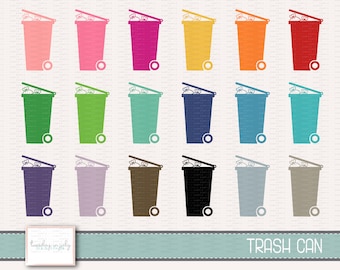 May include: Set of 18 digital clipart images of trash cans in various colors, including pink, green, blue, purple, gray, and brown. Each trash can has a lid and a wheel. The text "TRASH CAN" is at the bottom of the image.