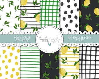 Watercolor Lemon Digital Paper Pack, Scrapbook Backgrounds (Commercial Use) (Instant Download)