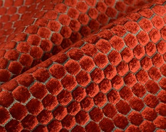 Zwaargewicht rood/goudgeel geometrische jacquard gesneden fluwelen bekledingsstof voor stoelbank | Vintage geometrische meubelstof