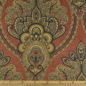 Vintage Red Gold Large Damask Floral Chenille Jacquard Upholsetry Fabric For Furniture Drapery|MCM French Country Decor Fabric 110&quot;W