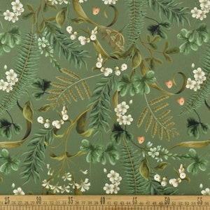 Tessuto per tappezzeria in velluto verde vintage shabby chic con felci botaniche/tessuto pesante con stampa floreale di grandi dimensioni per cuscino di sedia e panca