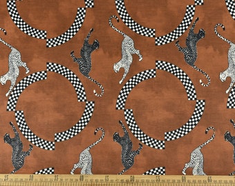 Trendy Exotic Leopard Silhouettes and Geometric Upholstery Fabric|Jumping Cheetah Animal Print Texture Velvet Upholstery Fabric in Brown