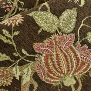 Mid Century Modern Brown Red Floral Jacquard Upholstery Fabric For Chair|Dark Green Vintage Floral Woven Fabric For Couch Cushion Pillow