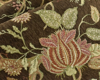 Mid Century Modern Brown Red Floral Jacquard Upholstery Fabric For Chair|Dark Green Vintage Floral Woven Fabric For Couch Cushion Pillow