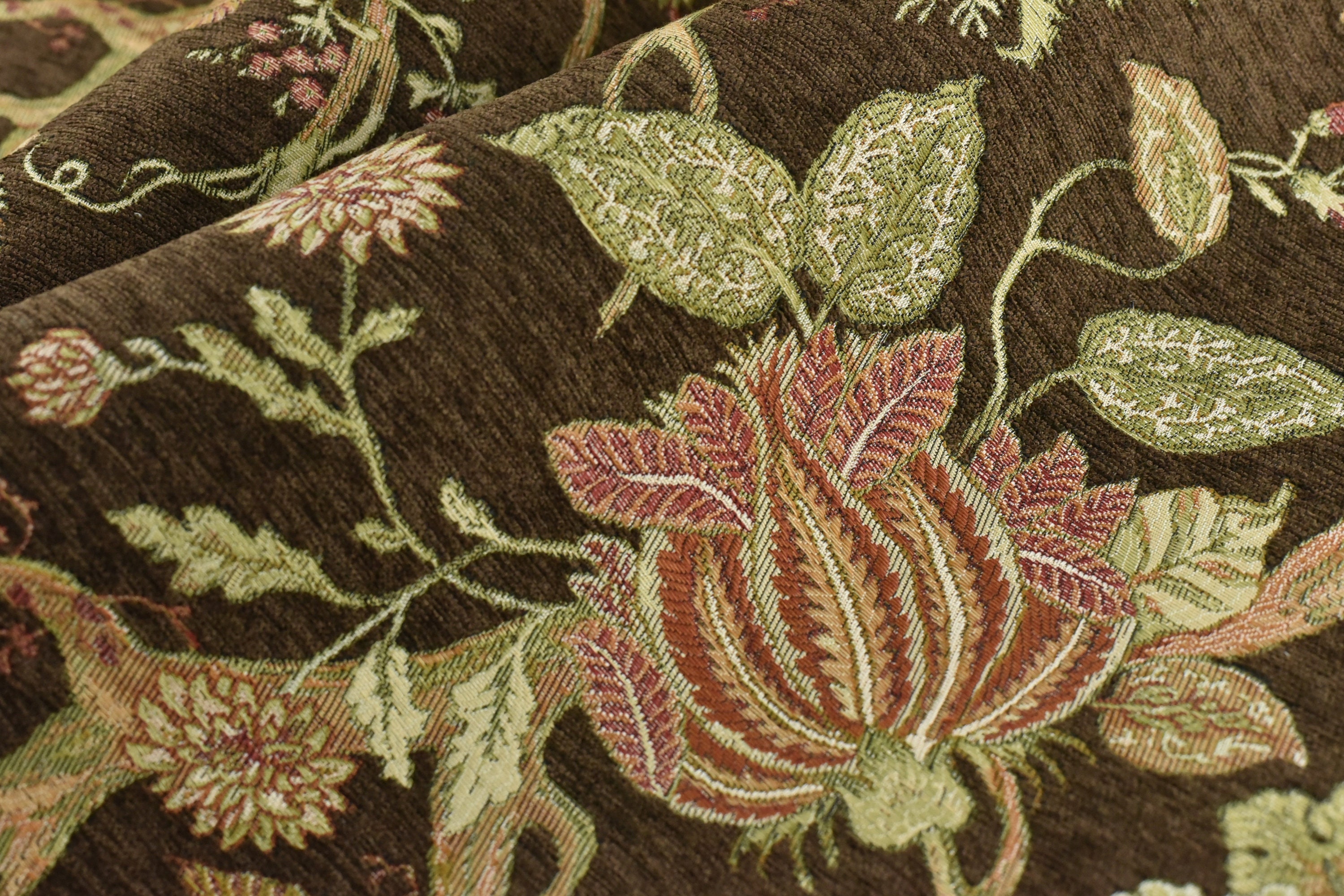 Tessuto per tappezzeria in jacquard floreale rosso marrone moderno di metà secolo per sedia/tessuto floreale vintage verde scuro per cuscino divano