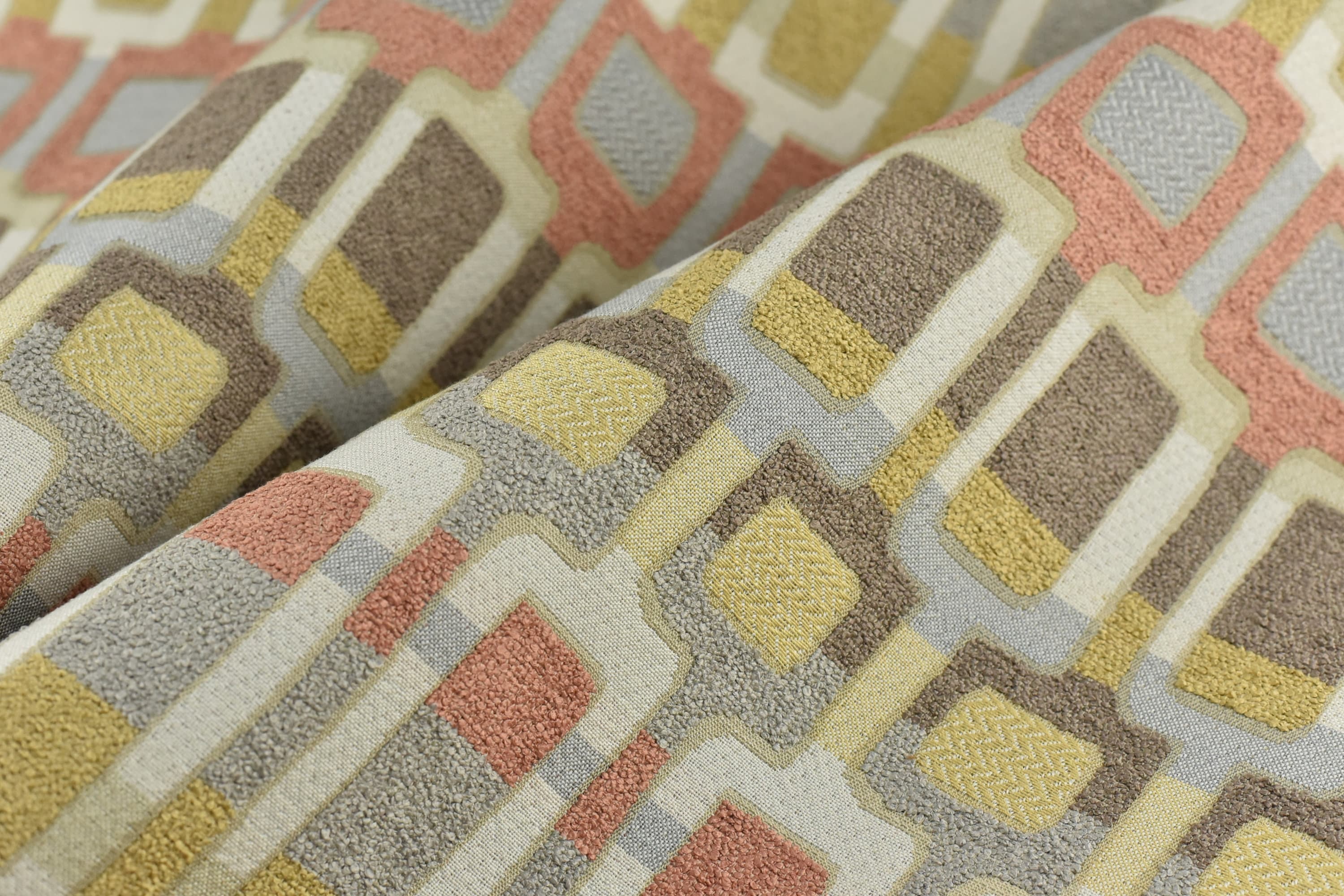 Heavy Weight Rainbow Boucle Jacquard Woven Geometric Upholstery Fabric|Geometric Art Design Fabric In Coral Cream Grey Furnishing Fabric