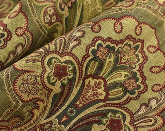 Heavy Weight French Country Upholstery Fabric|Red Gold Green Vintage Damask Floral Jacquard|Farmhouse Large Floral Fabric for Chair & Decor