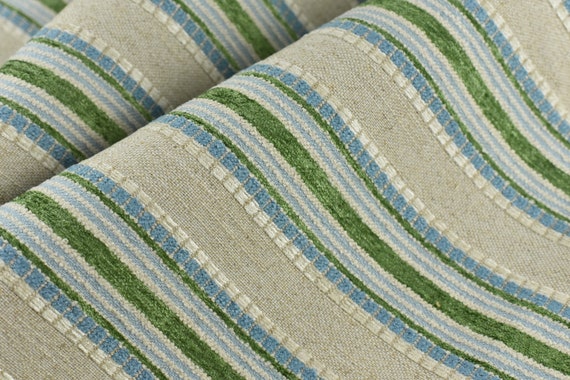 Woven Textured Linen Blend Farmhouse Green and Blue Stripe Jacquard Upholstery Fabric|Country Geometric Fabric For Chair Upholstery