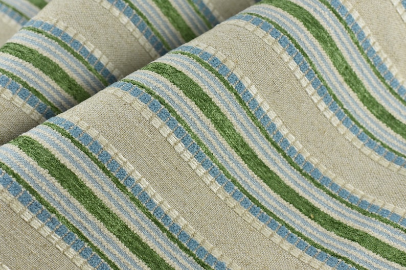 Woven Textured Linen Blend Farmhouse Green and Blue Stripe Jacquard Upholstery Fabric|Country Geometric Fabric For Chair Upholstery image 1