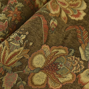 Tessuto per tappezzeria in ciniglia jacquard floreale marrone rosso/blu stile moderno di metà secolo/tessuto per tappezzeria e tendaggi in stile retrò floreale francese, 110" di larghezza