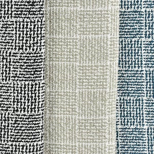 May include: Three fabric swatches with a geometric pattern. The swatches are black and white, beige, and blue.