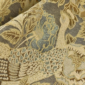 Mid Century Modern MCM Beige Blue Gold Floral Peacock Upholstery Fabric For Chair|Vintage Eastern Chinoiserie Decor Fabric For Furniture