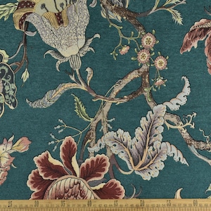 Tessuto jacquard in ciniglia con motivo floreale primaverile verde e rosso stile rustico vintage per tende da sedia/Tessuto floreale di grandi dimensioni in stile country francese 110"W