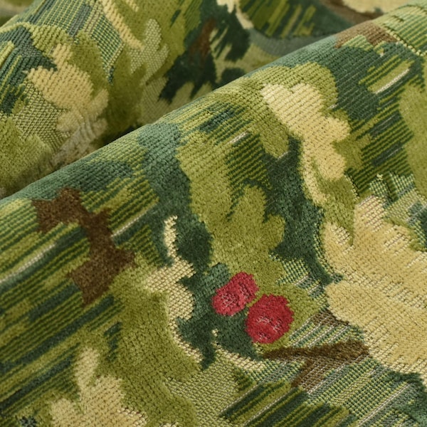 Heavy Wight Cotton Linen Blend Green Floral Raised Cut Vevet Upholstery Fabric For Chair|Heavy Duty Mystery Forest Green Red Decor Fabric