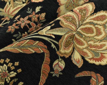 May include: Black fabric with a floral pattern in shades of brown, beige, and red. The fabric features a large, intricate flower design with multiple layers of petals.