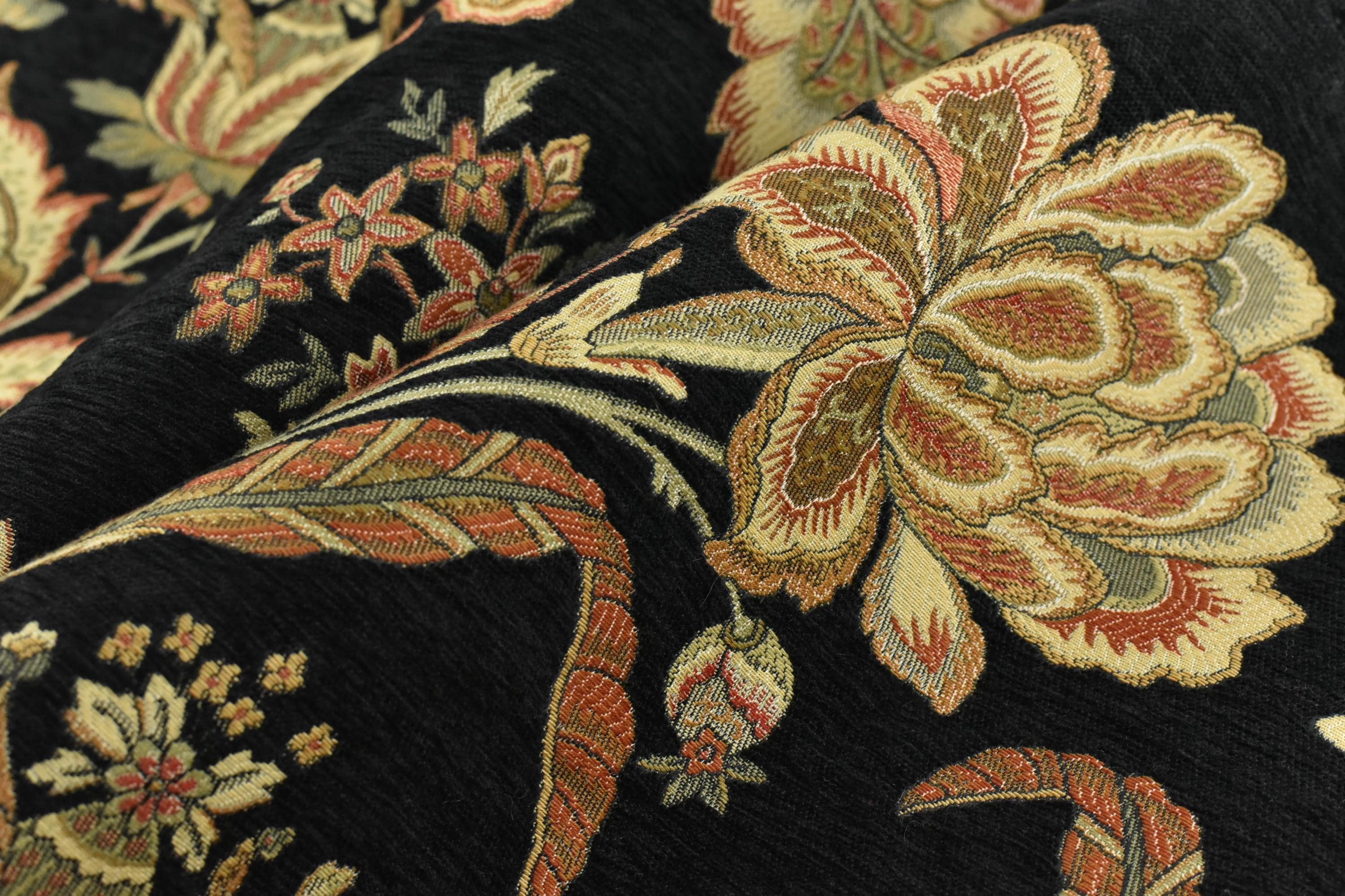 Mid Century Modern Black Gold Chunky Chenille Red Floral Jacquard