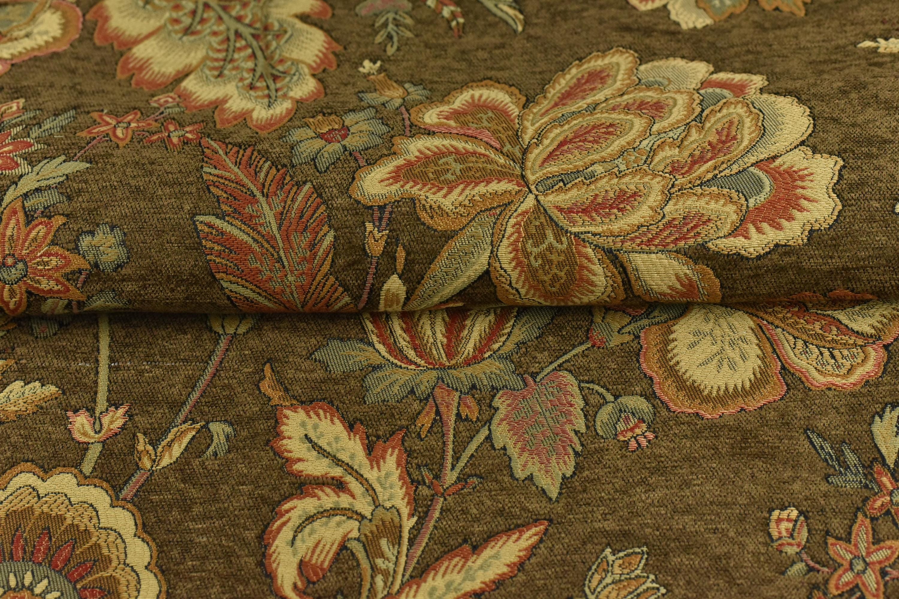 Mid Century Modern Brown Red/blue Chunky Chenille Floral Jacquard