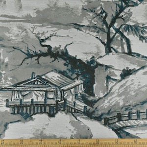 Größere Breite Designer Vintage Bergwasser-Pavillons Blau Chinoiserie Landschaft Landschaft Polster Vorhang Stoff Für Vorhang Stuhl-116 &quot;W