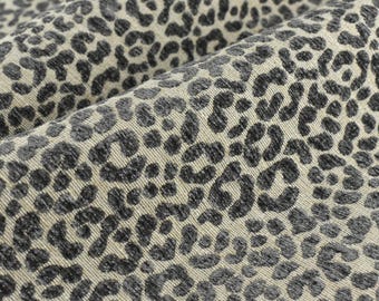 Designer zwaargewicht linnenmix crème grijze chenille luipaard jacquard geweven bekledingsstof | Dierenhuid geometrisch geweven decorstof