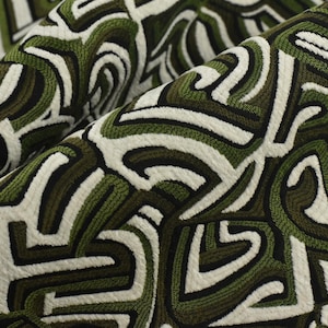 Tela de tapicería gruesa de color verde oliva, negro y blanco con estampado abstracto de laberinto/patrón geométrico de laberinto para silla/tela de diseño moderno cortada a medida