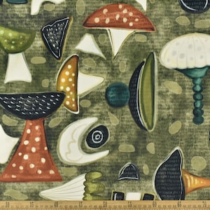 Vintage Home Decor Upholstery Fabric With Mushroom Print Velvet Fabric|Cute Green Large Print Mushroom Shroom Fabric For Chair Ottoman