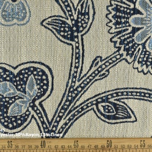 Tessuto da tappezzeria in misto lino e cotone con motivo geometrico floreale vintage, design tradizionale, per cuscino sedia, blu navy