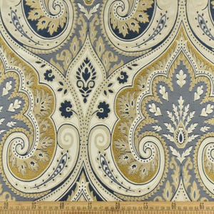 French Country Blue White Gold Paisley Damask Jacquard Upholstery Fabric For Chair|Vintage Farmhouse Large Floral Fabric For Furniture